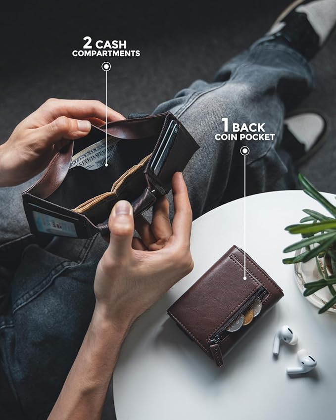 VULKIT Minimalist Leather Rfid Blocking Trifold Wallet with Elastic Band Credit Card Holder with 5 ID windows & Zipper Pocket for Men (Brown)
