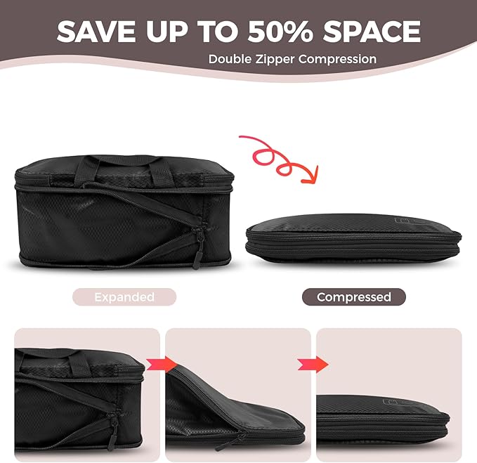 8-Piece Compression Packing Cubes for Travel, Ultralight Sleek Luggage Organizer Set for Business Trips & Frequent Travelers, Space Saving for Carry-On & Suitcase - Black