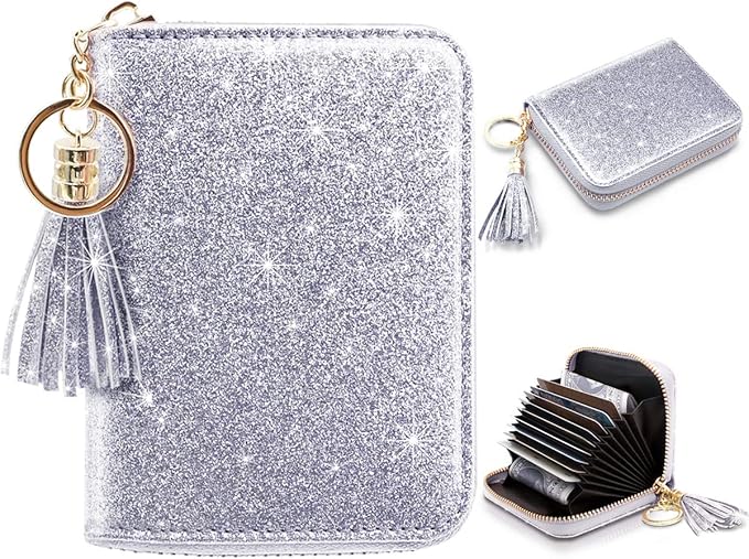 Coco Rossi Women's Small Credit Card Wallet RFID Glitter Cute Credit Card Holder Wallets for Women -Silver