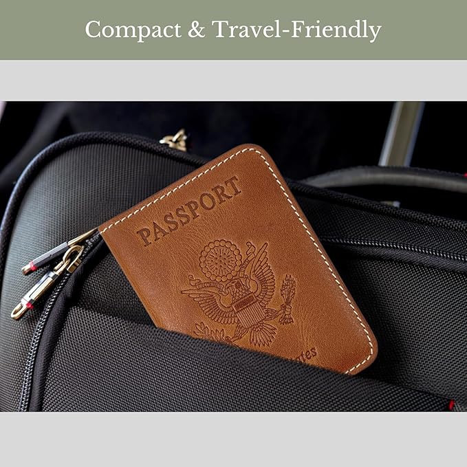 Passport Holder for Travel | Premium Leather Passport Cover & Protector | Stylish Travel Document Organizer with Embossed US Seal | Unisex Case with Slots for Cards & Boarding Passes - Brown