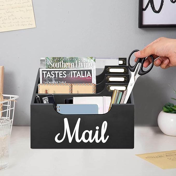 Rustic Wood Mail Organizer Countertop with 4 Slots, Black Mail Holder for Desk, Removable Dividers Mail Sorter, Letter Bill File Organizer for Home Office Classroom, Desktop Organizer with Free Labels