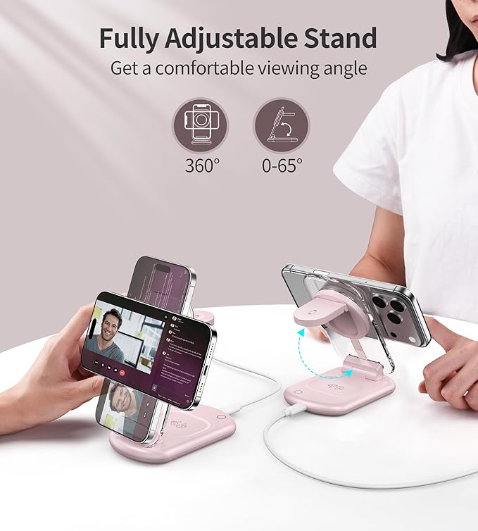 3 in 1 Magnetic Wireless Charging Station for Apple Devices, Fast Foldable Travel Mag-Safe Charger Stand with Night Light for iPhone 17 16 15 14 13 12 Series, Apple Watch/AirPods Pro, PK