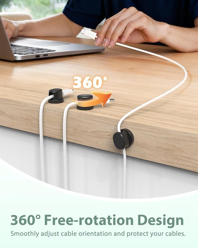 Rotatable Cord Holder, Snap-Lock Cable Clips, 8 Pack Adhesive Cord Organizer, Phone Charger Wire Organizer Keeper for Nightstand Car Kitchen Office Accessory,Black