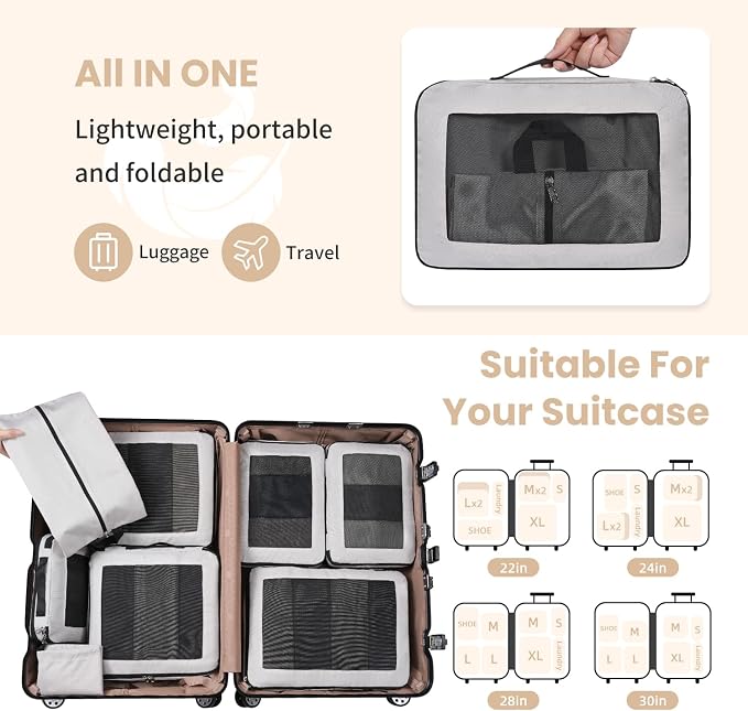 Compression Packing Cubes for Travel, Lightweight Vacation Travel Essentials, Travel Accessories for Suitcase Organizer Bags Set, Durable Luggage Organizer
