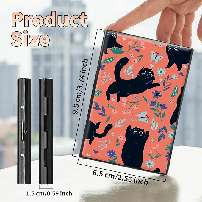 Slim Credit Card Holder, Black Cat Flowers RFID Blocking Metal Wallet for Men & Women, Aluminum Minimalist Hard Case Pocket-Sized Business Cards Organizer (Fits Up to 10 Cards)