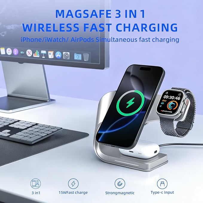 3 in 1 Wireless 15W Fast Charging Station for Apple Devices Dock for iPhone 15/14/13/12 Apple Watch Series 11/10/9/8/SE AirPods Pro 3/2 Bedside Charging Stand with Nightstand Organizer (Silvery)