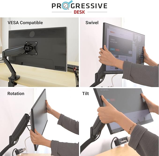 Progressive Desk Single Gas Spring Monitor Stand - Fits 17"-30" Monitors - ±180 Monitor Rotation - Arm Holds Up to 20 lbs