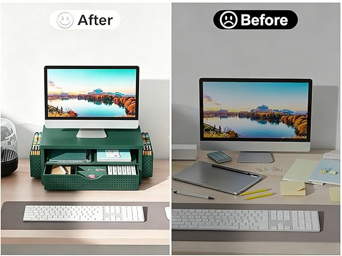 gianotter Desk Organizers and Accessories, Monitor Stand with Drawer and 2 Pen Holder, Desktop Organizer Suitable for Offices and Dormitories (Green-Plain)