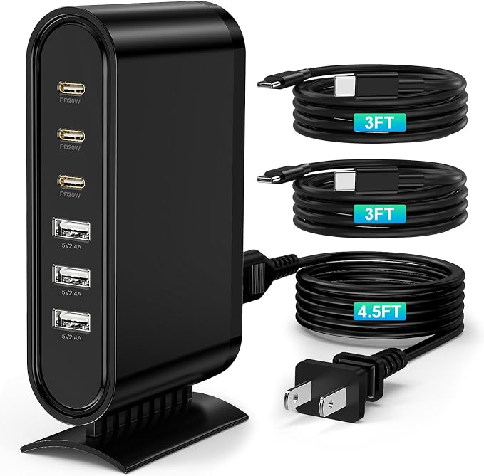 Essri 6-Port GaN USB C Charging Station,USB C Charger Block,PD 20W Desktop Charger, Power Strip Adapter Compatible with iPhone 17/16/15/14,for Samsung Android,More,with 2 x 3Ft C Cable