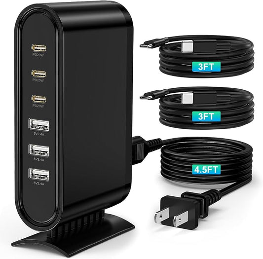 Essri 6-Port GaN USB C Charging Station,USB C Charger Block,PD 20W Desktop Charger, Power Strip Adapter Compatible with iPhone 17/16/15/14,for Samsung Android,More,with 2 x 3Ft C Cable
