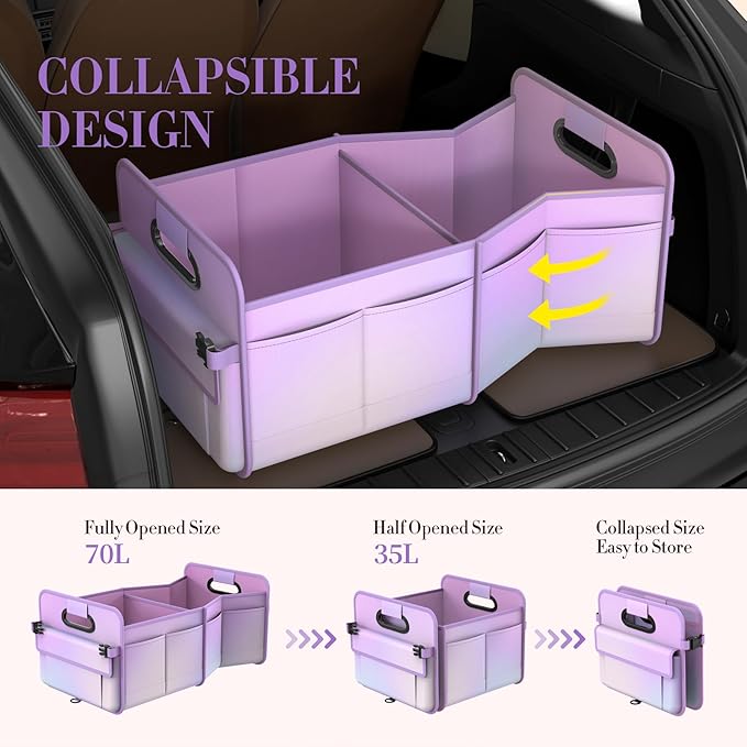 titiyiof Trunk Organizer For Suv&Sedan,Car Organizers&Storage,Waterproof Collapsible & Adjustable Straps,70L Sturdy Car Organization for Car Accessories,Tools,Sundries,2-3Compartment(Colorful Purple)
