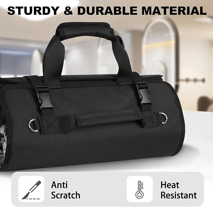 Hair Tools Travel Bag, Roll Up Tool Bag Organizer for Hair Stuff, Hairstylist Traveling Bag with 8 Detachable Zipper Pouch, Professional Cosmetology Bag for Hairdresser Barber, Heat Resistant Lining