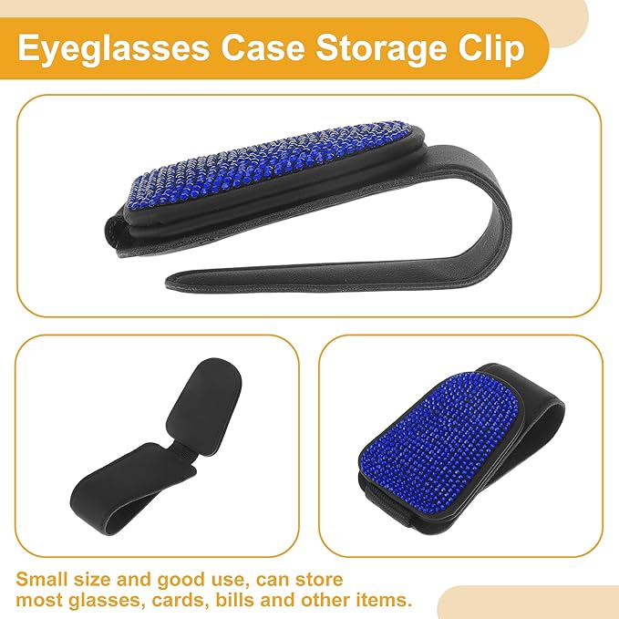 Motoforti Car Sunglasses Clip Magnetic Universal Sun Visor Eyeglasses Holder Clip PU Leather,Rhinestones Blue 8.5x5cm 1 Pcs