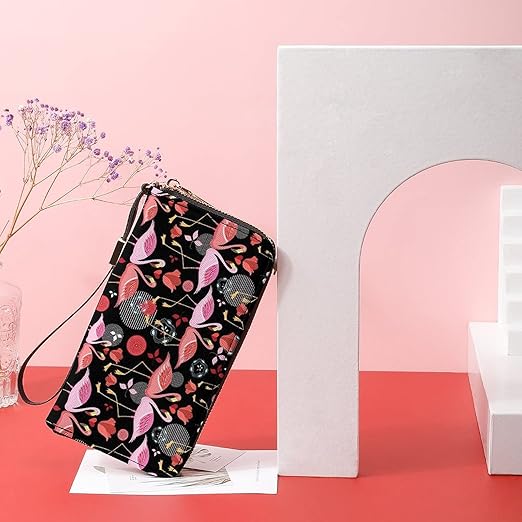 Clutch Wallet Holder for Women Men Beautiful Pink Lovers Flamingo Heart Rose Portable Accordion Zipper Credit Card Storage Bag Waterproof Purse Leather Wallet for Travel Work Shopping