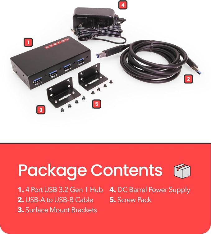 Gearmo 4 Port USB 3.0 Hub w/ESD and Surge Protection, Wall and Desk Mount Ready USB-A Hub, Includes 12V/2A Power Adapter and Terminal Block for Versatile Power Input