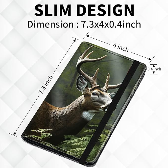 Checkbook Cover for Women & Men, RFID Blocking Personal PU Leather Checkbook Check Book Holder Wallet with Elastic Tape & Credit Card Slot,Deer Tree In Woodland