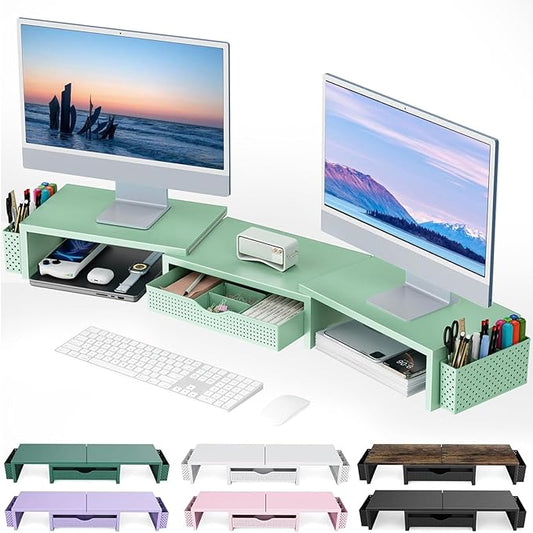 gianotter Dual Monitor Stand Riser, Desk Organizer With Drawer and 2 Pen Holders, Computer Monitor Stand, Desk Shelf for Top of Desk (Sage Green)