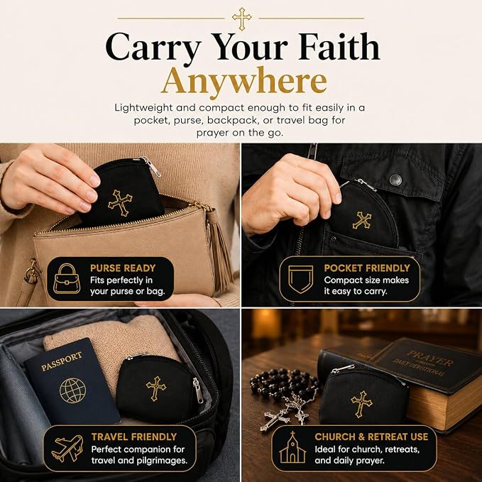 Orange Rosary Pouch with Zipper & Gold St. Thomas Cross Imprint | Compact Leatherette Rosary Case for Small to Medium Rosaries | Protective Travel Rosary Holder for Men & Women