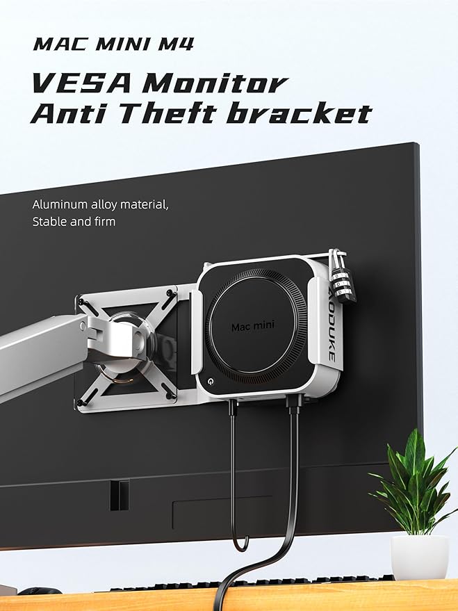 with Combination Security lock 2024 Mac Mini M4 VESA Computer Monitor Mount Bracket for Anti-theft Server Rack Extension Plate Adapter, Compatible 75X75/100X100MM Hole distance-AJM4GS-BWM