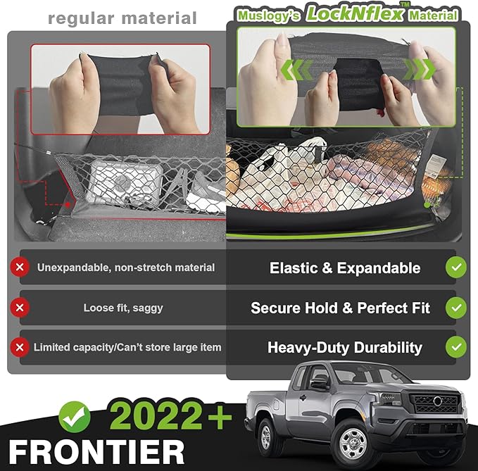 Muslogy Truck Bed Cargo Net Compatible with Nissan Frontier 2022-2025 2026 Accessories, Pickup Truck Bed Cargo Organizer Storage Net with Heavy Duty Carabiners