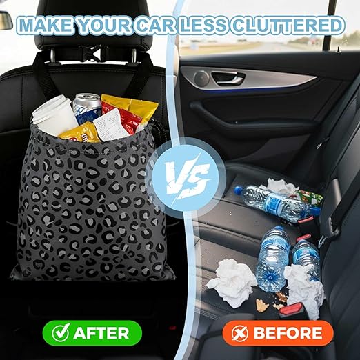 Grey Leopard Pattern Car Trash Bag - Waterproof Car Trash Bag Hanging Leakproof Car Garbage Bag - Washable Reusable Trash Bag For Car Interior Hanging Organizer Storage Vehicle Travelling Camping