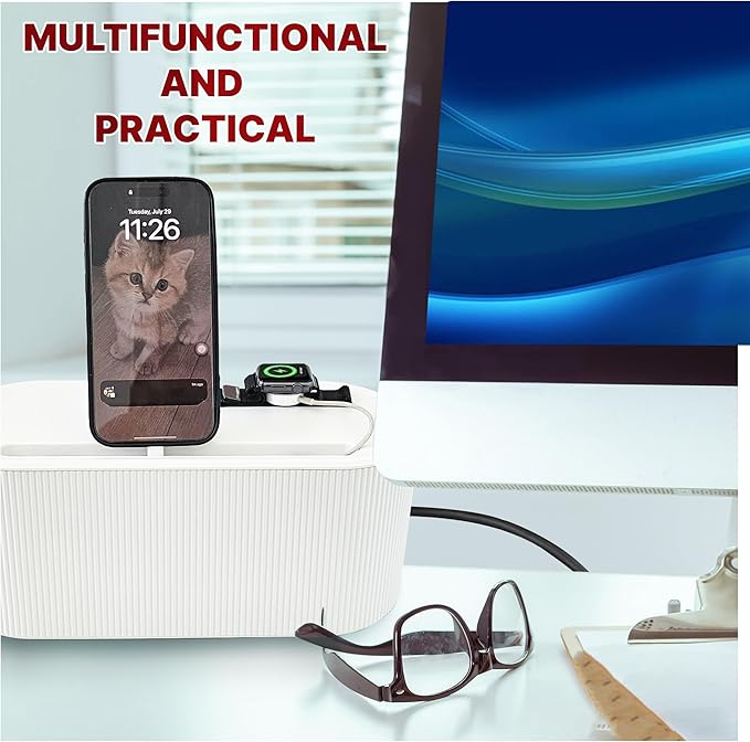 Cable Management Box with 5 Multicolored Cable Ties and 4 Antislip Pads | Cord Management Box 12.4" (L) x 5.1" (W) x 4.8" (H) Cord Organizer Box, Cable Organizer with Easy Access Holes
