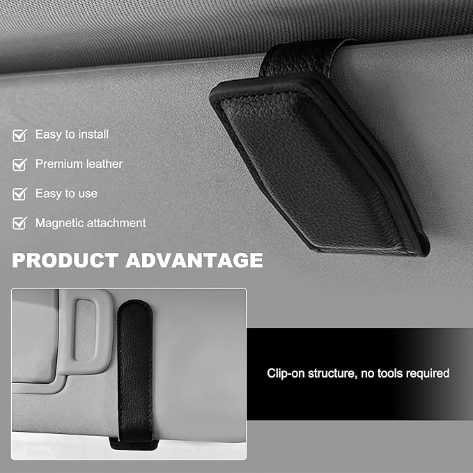 2PCS Sunglasses Holders for Car Sun Visor, Magnetic Leather Auto Visor Glasses Organizer Ticket Card Clip, Universal Eyeglasses Hanger Mounter for Most Cars, Trucks, SUVs (Beige)