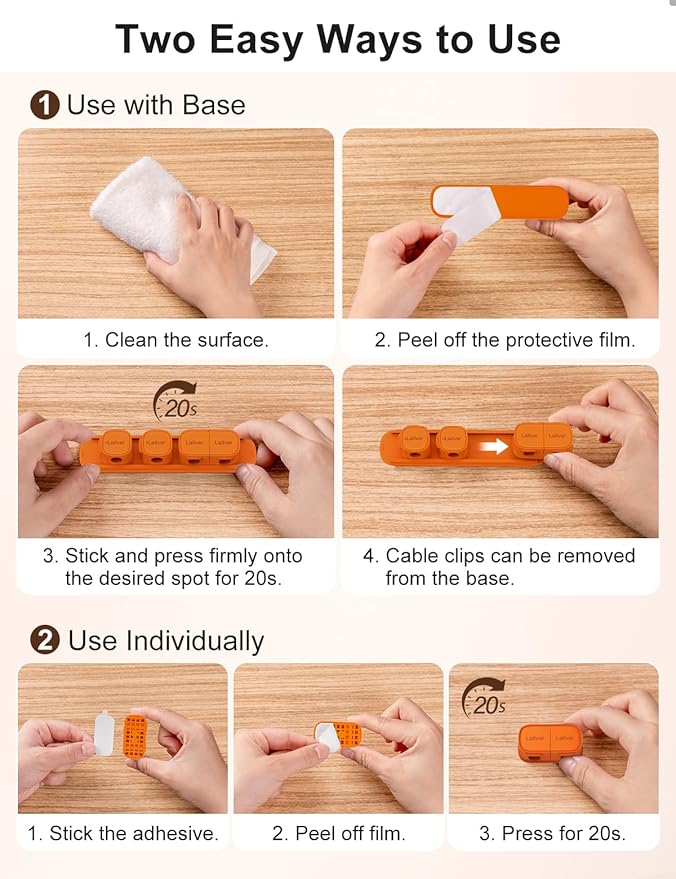 6 Pack Magnetic Cable Clips [1s Open/Lock], Laitver Cord Organizer Holder Strong Adhesive Desk Cable Management- Organize Charging Cords Neatly for Home, Office, Car,Desk, Nightstand-Orange