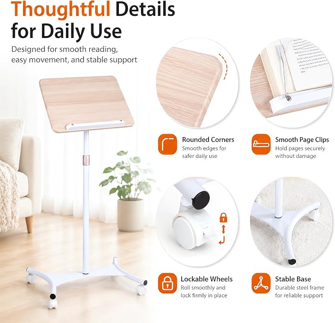 Rolling Floor Book Stand with Wheels, Reading Stand Book Holder | 16.5 x 11.8 in large panel | 19–57 in height adjustable| 360° angle | Lockable wheels | For books, sheet music, laptop
