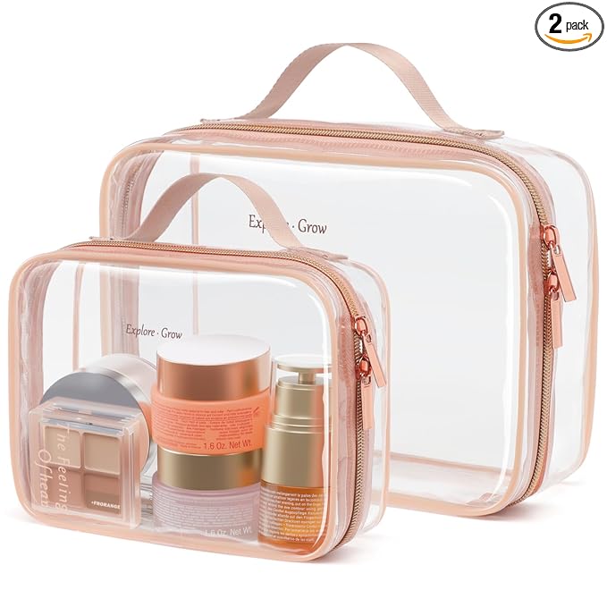 PACKISM Clear Makeup Bag Combo Pack, 1 TSA Approved Medium & Large for Checked Luggage, Clear Toiletry Bag with Handle, Water-resistant Travel Essentials Organizer, Rose Pink