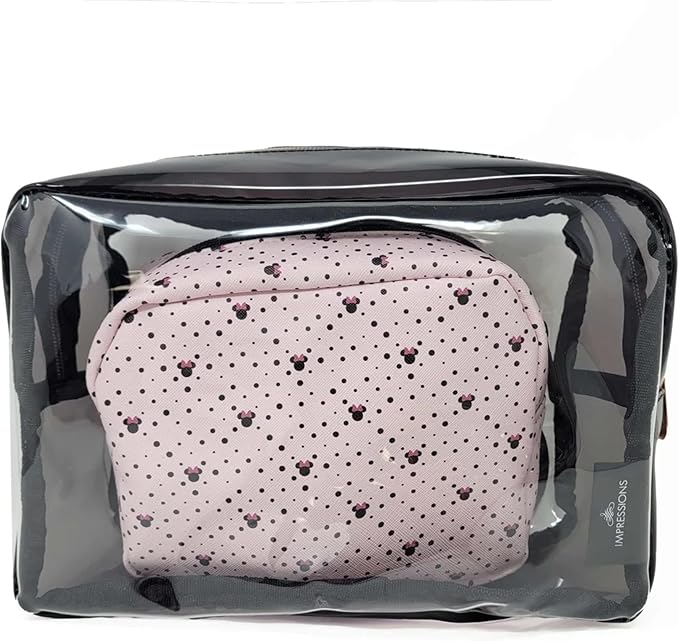 Impressions Vanity Disney Minnie Mouse 2 PCs Clutch Purses, Water Resistant Zippered Travel Makeup Clutch Bag Set for Holding Makeup Brush, Cosmetic, Toiletry, Skincare and Jewelry Accessories