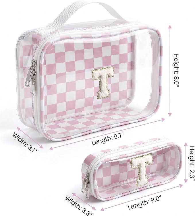 Cute Monogram Personalized Initial Makeup Bag - Clear Pink Checkered Sunscreen Cosmetic Pouch Make Up Case for Her Best Friend, Sister, Teacher, Birthday Gifts Travel Beach Essentials(T,Pink&Beige)