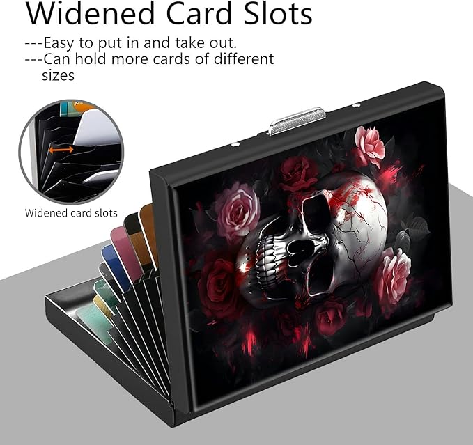 Credit Card Holder, Skull Rose Flower Design Mini RFID Blocking Aluminum Wallet Slim Metal Hard Case Shell Travel Wallet ID Case Small Credit Cards Case Business Cards for Women Men Girls