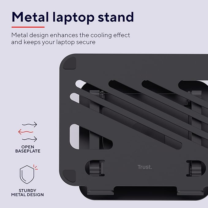 Trust Zeff Ergonomic Laptop Stand for Desk with 360 Degrees Rotation, 16" Foldable Metal Laptop Riser, Height Adjustable, Laptop Holder for MacBook Tablet Dell HP Computer Home Office - Black