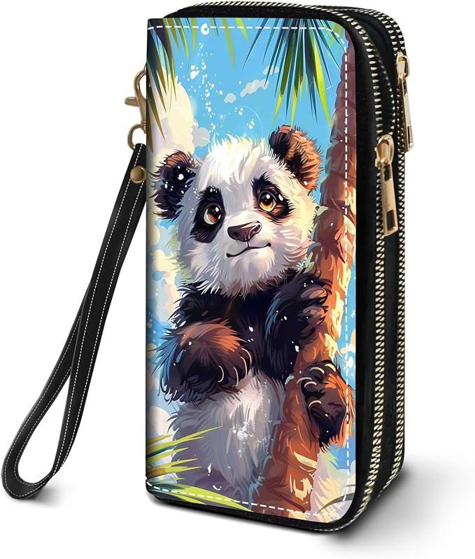 Women's Large Capacity Wallet PU Leather Double Zipper Clutch Purse Multifunctional Wallet with Removable Wristlet Strap for Smart Phone/Coin/Card/Cash, Watercolor Art Panda