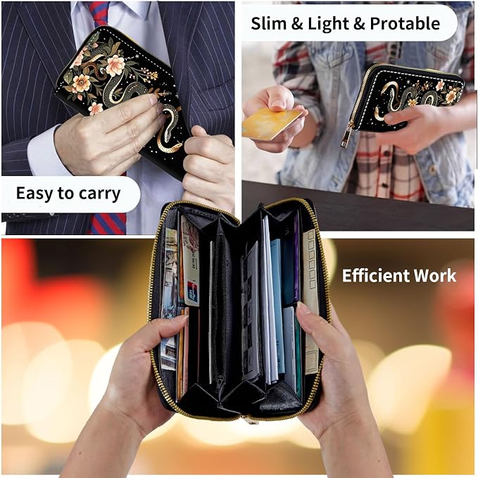 Wallet,Leather Long Wallet Suitable For Ladies And Teenagers - Detachable Wristband + RFID Travel Wallet With Card Slot - Aesthetic Snake Floral