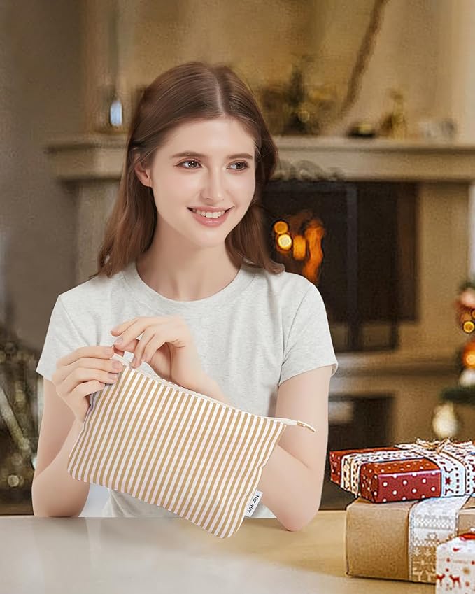 Narwey Small Striped Makeup Bag for Purse Travel Makeup Pouch Cosmetic Bag Zipper Pouch Bags for Women (Brown Stripe)
