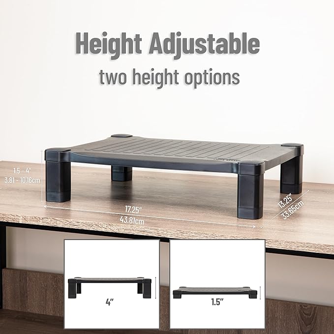 Mind Reader Monitor Stand, Height Adjustable, Desktop Organizer, Laptop Riser, Office, 17.25"L x 13.25"W x 4"H, Black