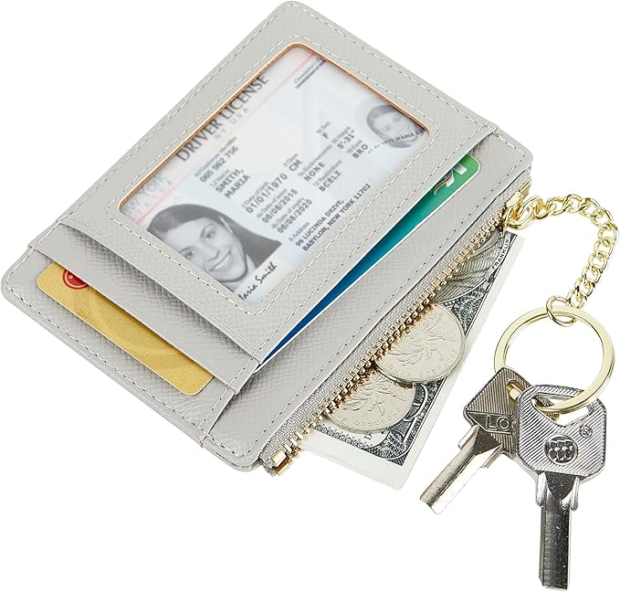 Women's Slim Minimalist Card Holder Coin Changes Purse Keychain Front Pocket Wallet With ID Window