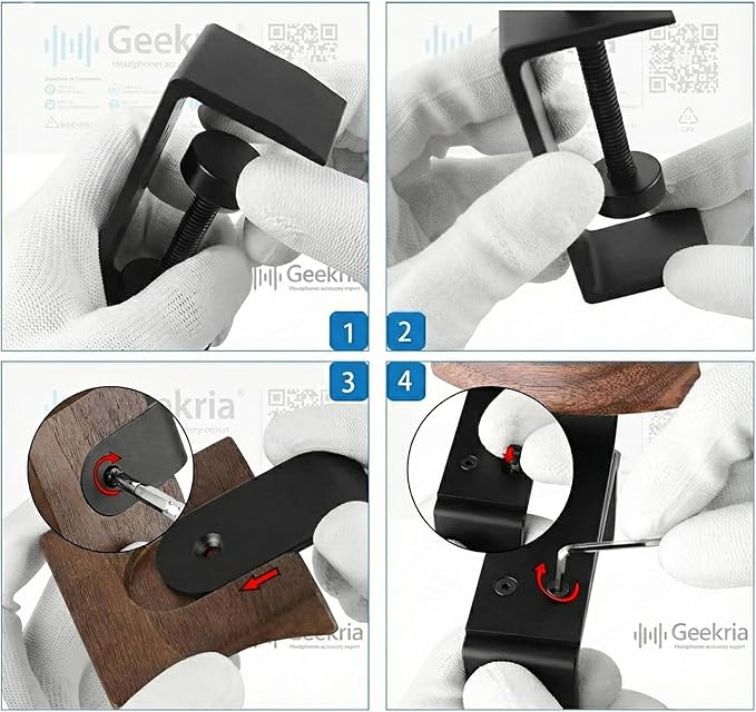 GEEKRIA Wooden Headphones Stand Compatible with Apple AirPods Max, Sony WH-1000XM6 Headphone Hook, Earphones Hanger Mount, Dual-Purpose Aluminum Headset Desktop Clip with Walnut Holder