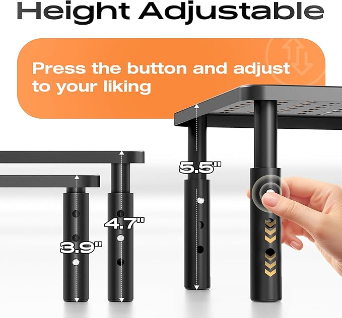 Computer Monitor Stand Riser for Desk, 3 Height Adjustable PC Laptop TV Desktop Monitor Stand Shelf, Metal Printer Table with Phone Holder, Stand Riser for Desk, Office Desk Organizers and Accessories, 2 Pack