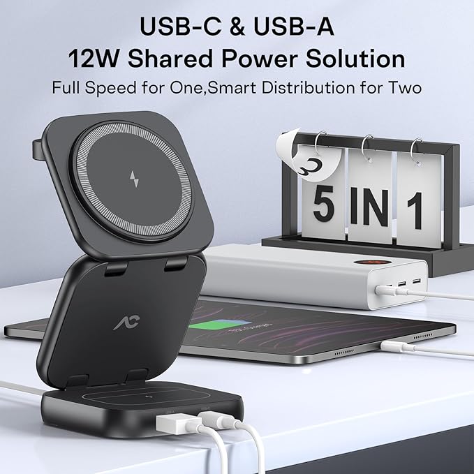 5-in-1 Wireless Charger for MagSafe, AC ISLAND Portable Travel Charging Station, 35W Max Fast Foldable Magnetic Stand, Evolved for iPhone 17-12 & Air Series, Apple Watch, AirPods (with 35W Adapter)