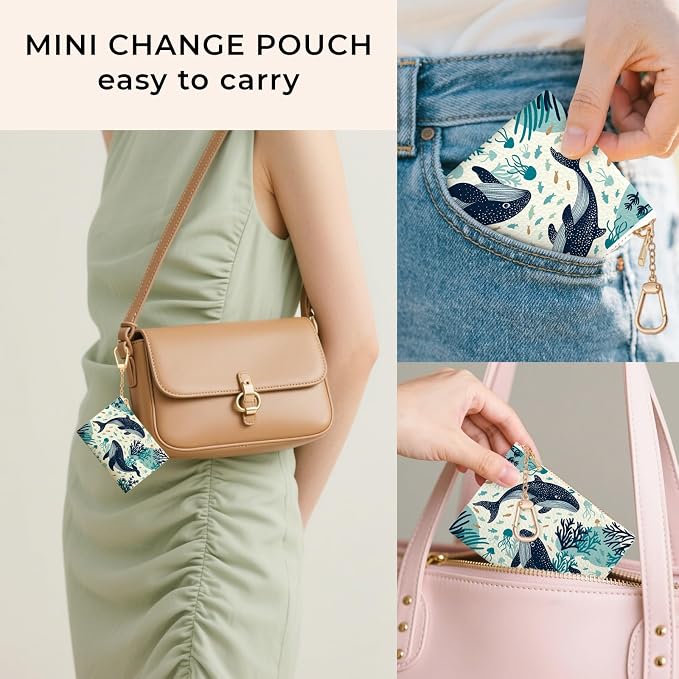 Whale Aesthetic Keychain Coin Purse for Women, Small PU Leather Change Pouch, Zipper Little Tiny Travel Wallet for Girls, Cute Kawaii Zip Pocket Coin Holder with Key Ring