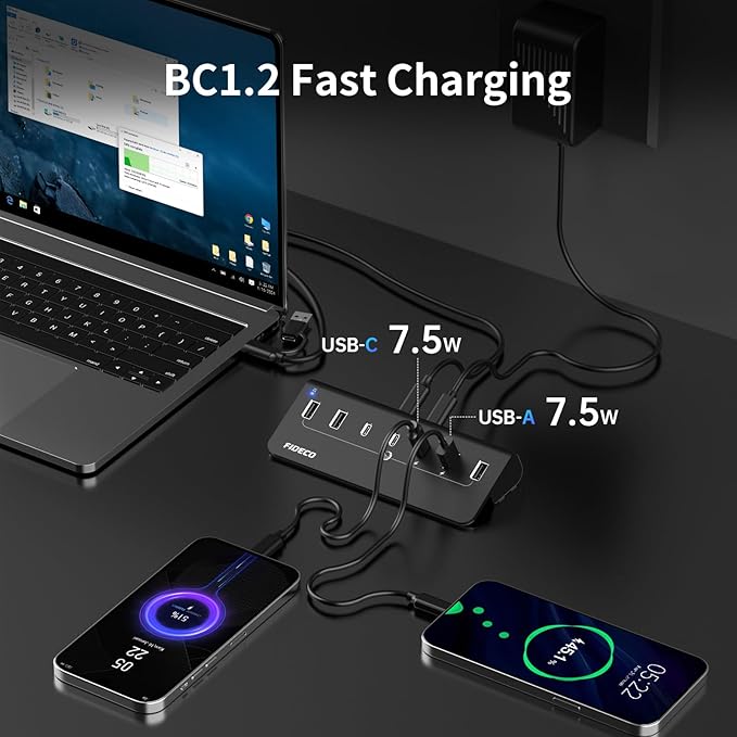 FIDECO Powered USB Hub, 7 Port 10Gbps Fast Data Hub for iPhone 16/15 and Laptop, Full Aluminum USB Splitter with 5V 3A Power Adapter, 4 USB A and 3 USB C Ports, Support BC1.2 Charging (Black)