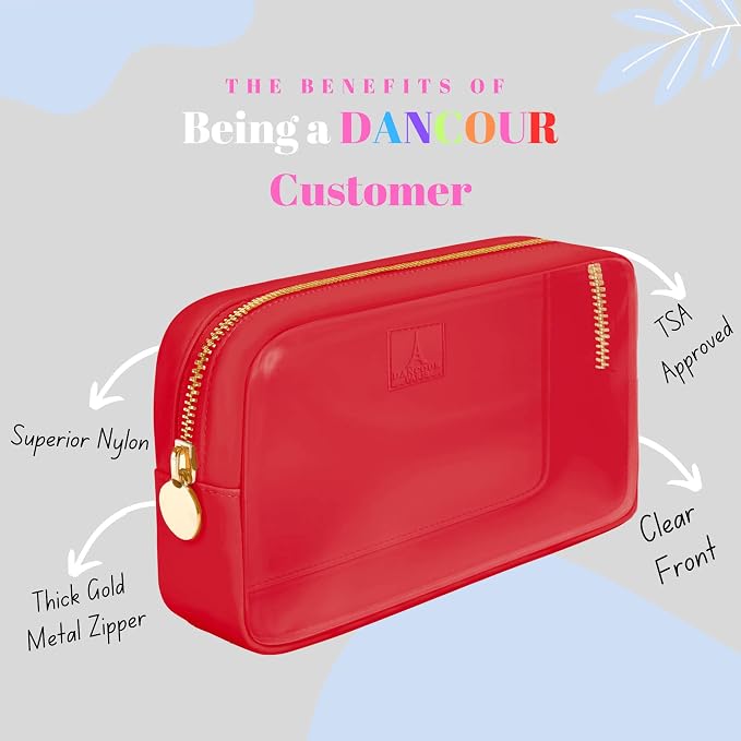 DANCOUR Small Clear Makeup Bag – Mini Pouch for Purse, Red Cosmetic Travel Case, Compact Clear Cosmetic Bag, Mini Pouch for Purse