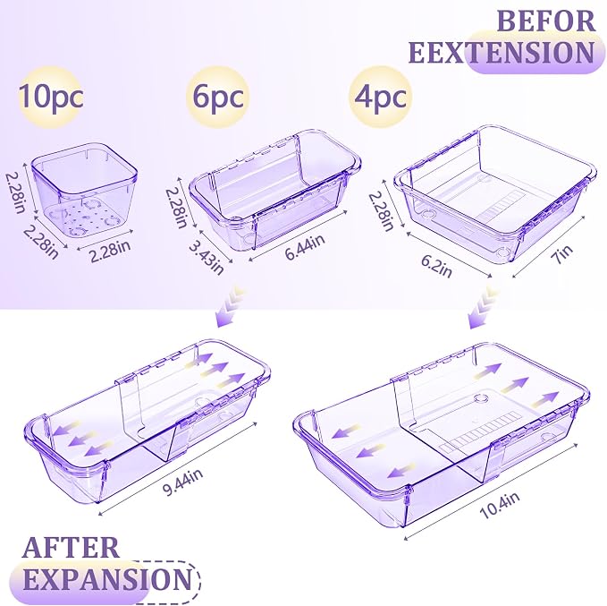 20 Pcs Adjustable Clear Drawer Organizer, Extendable Vanity Storage Bins, Desk Drawer Organizer Set for Makeup, Cosmetics, Bedroom, and Gadgets, Purple