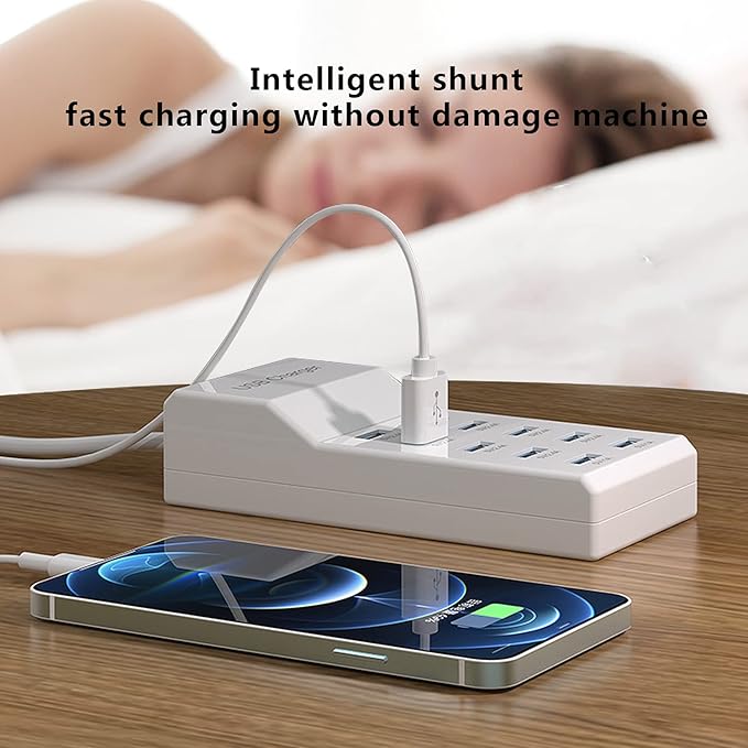 50W 10-Port USB Charging Station for iPhone 15/15 Pro/15 Pro Max/15 Plus/14/13/12/11/Xs Max/XR/X/SE White