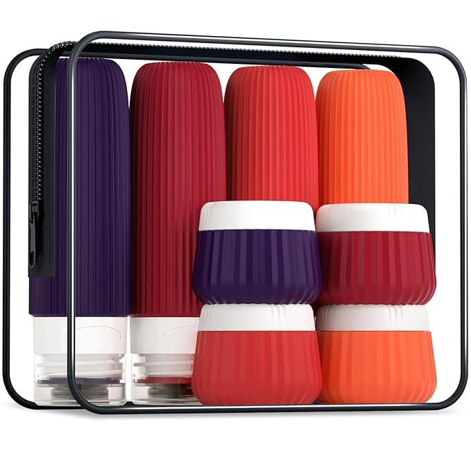 Mrsdry Travel Bottles for Toiletries 8 Pack, TSA Approved 3 oz Travel Containers, Clear Bag, Leak Proof Silicone Squeezable Jars