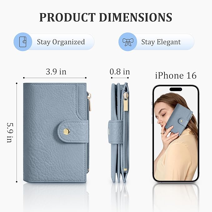 Airkit Small Women's Bifold Wallet, RFID Blocking Credit Card Holder with Zipper, Travel Cute Coin Pocket Wallet for Ladies, Blue