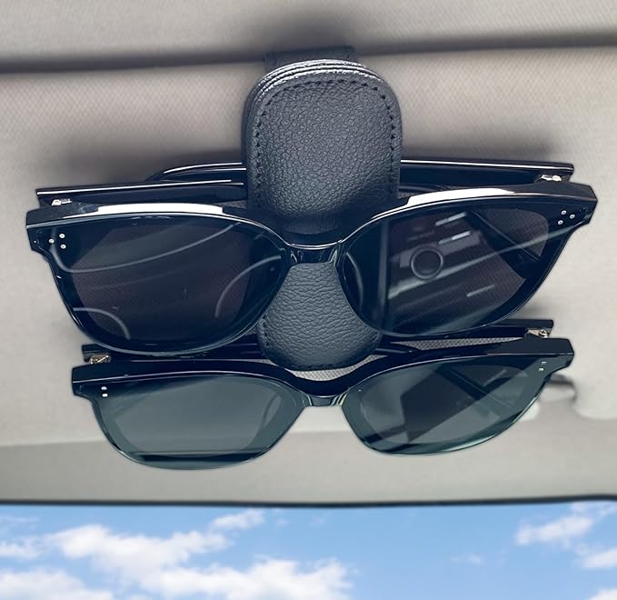 Visonx 2 Pieces Sunglass Holder for Car Visor Clip, Magnetic Leather Eyeglass Hanger Clip for Car, Square Car Visor Accessories (Black)
